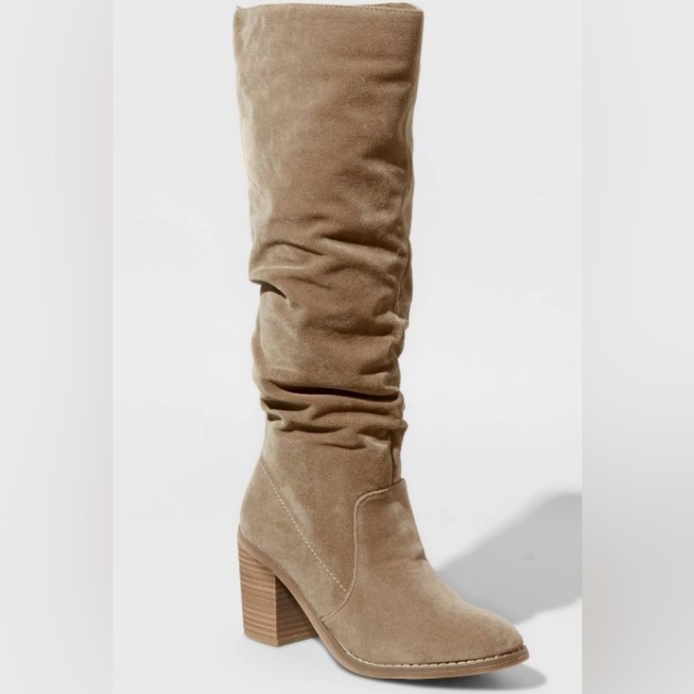 Women’s Taupe Scrunch Suede Heeled Knee High Boots- Size 9.5
